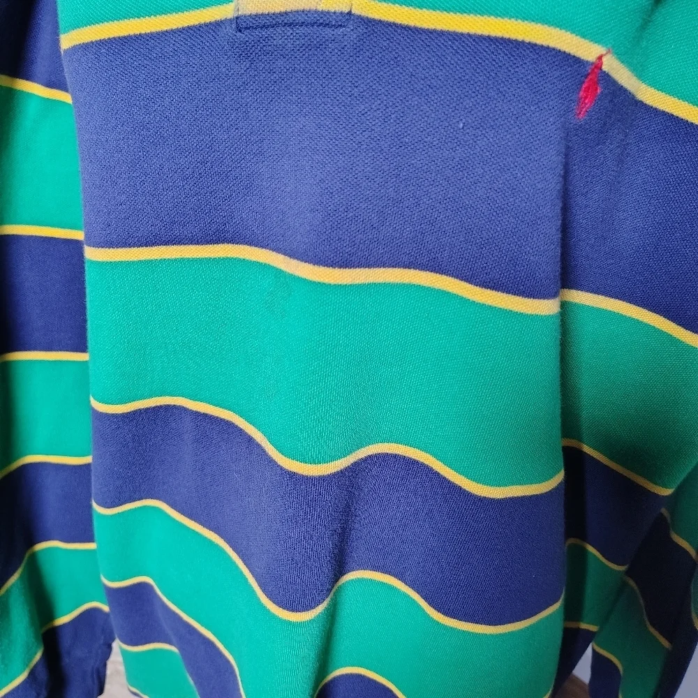 Vintage Ralph Lauren Striped Polo in Green, Blue, and Yellow Size XXL